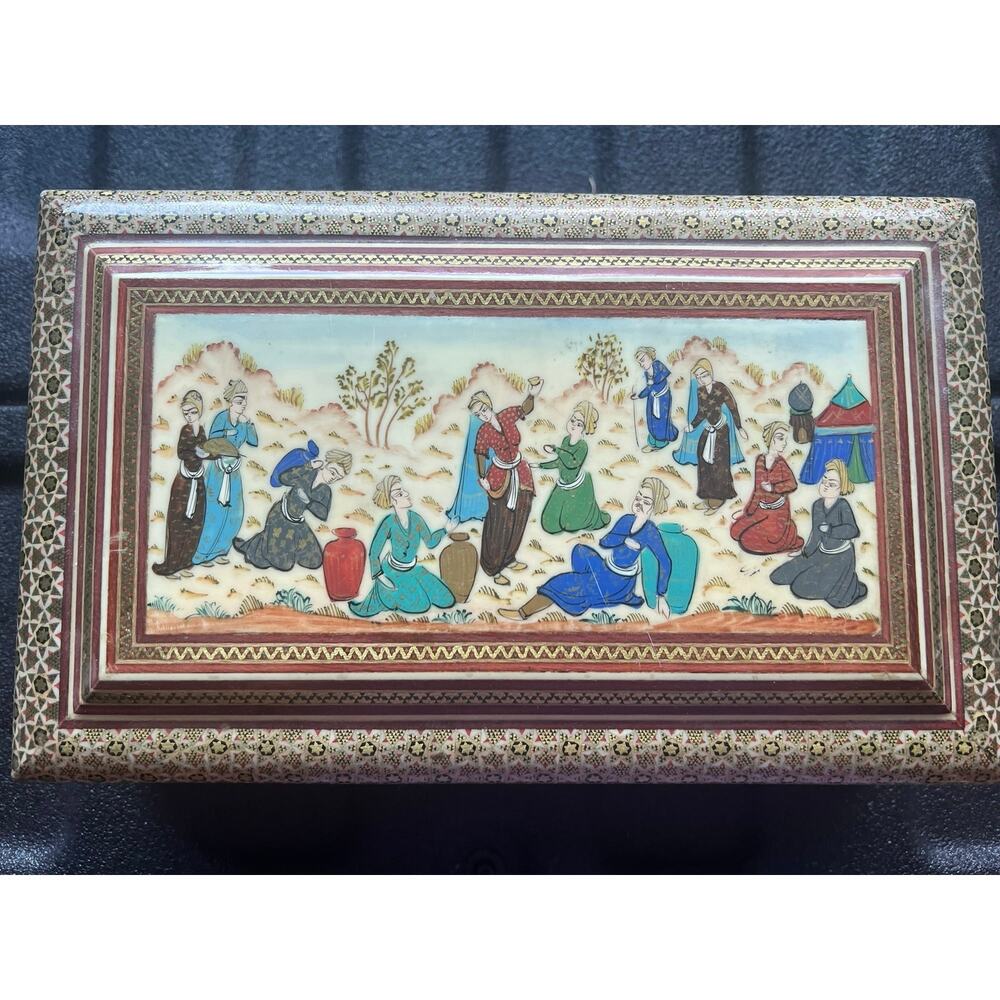 Vintage Persian Khatam Kari Inlaid Wood Jewelry Box